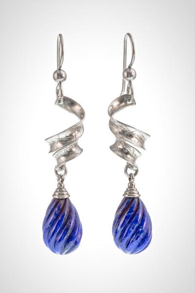 Silver Earrings with Carved  Lapis Drops, "Yummy Lapis"