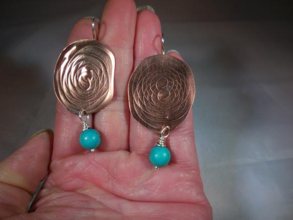 Copper with spiral pattern, sterling silver ear wires and turquoise drops LY E 7658