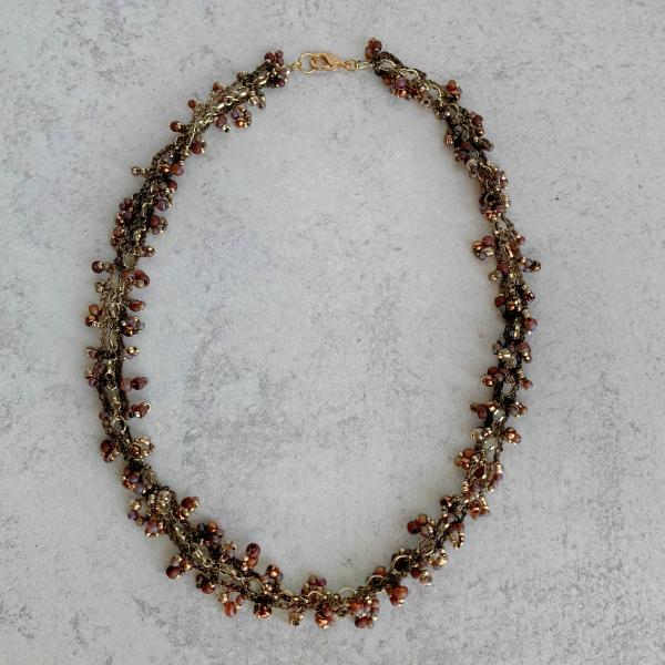 Brown Gold Copper Bronze Topaz Mixed Media Beaded Chain Necklace - Crocheted Fiber, Metal Chain, Glass Beads - OOAK