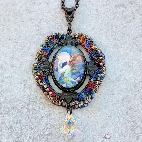 Clive "Mermaid" Vintage Pendant Necklace - Mixed Media - Glass Cabochon - Black Brass Setting and Chain - Multicolor - Beaded Crochet - OOAK