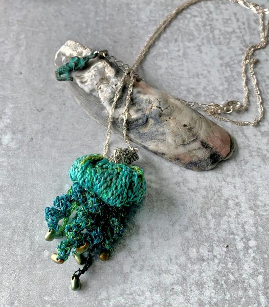 Jellyfish Pendant Necklace - Multimedia - Fiber, Metal, Glass Beads - Blue, Green, Turquoise - Crochet - Adjustable Length - One of a Kind