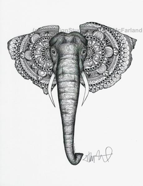 Black and White Elephant #1 Print, Watercolor and Pen and Ink, by Haylee McFarland