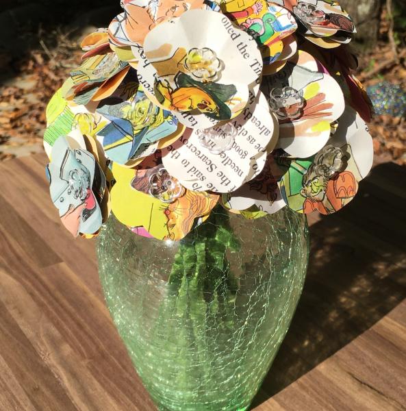 Wizard of Oz little golden book hand-cut paper flower arrangement in green crackle glass vase