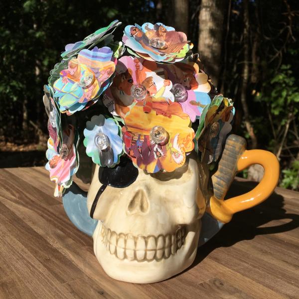 Peter Pan little golden book hand-cut paper flower arrangement in skull mug vase picture
