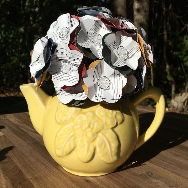 Music sheet Hedwig's theme hand-cut paper flower arrangement in Hufflepuff yellow teapot picture