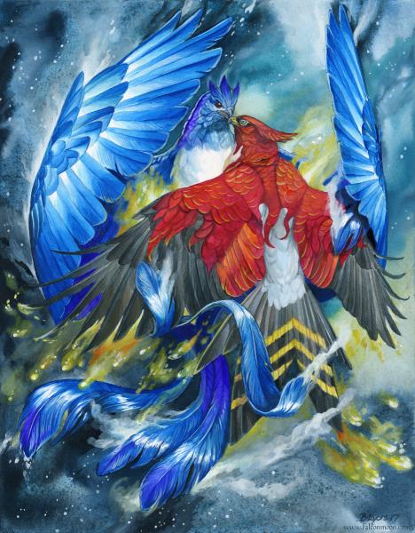 Fire and Ice - Original Fantasy Birds Painting