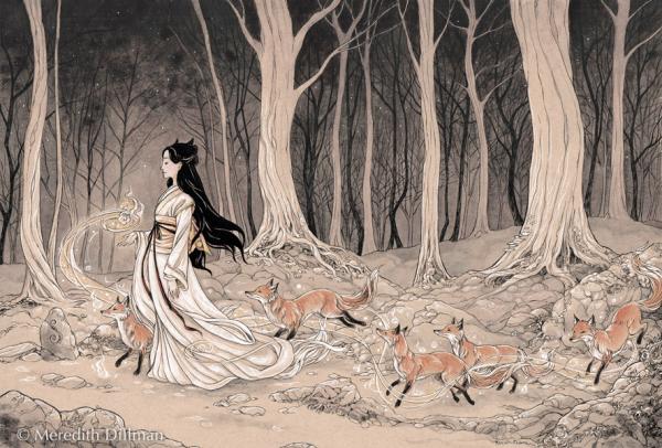11x17 print - Kitsune Procession of foxes