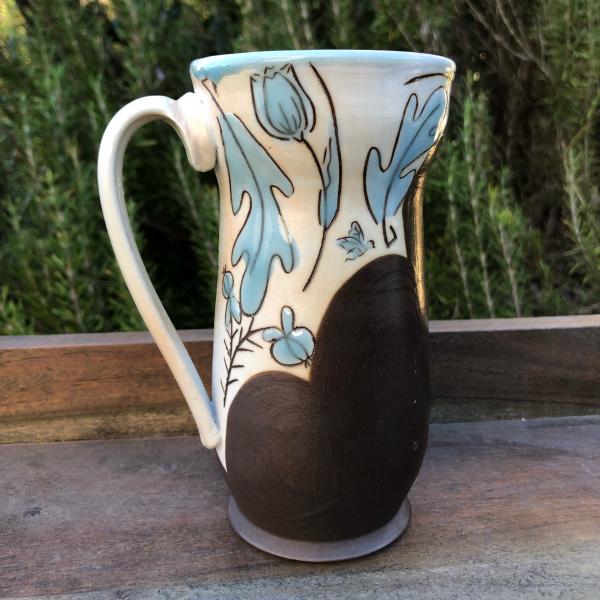 blue floral tall mug, soda fired