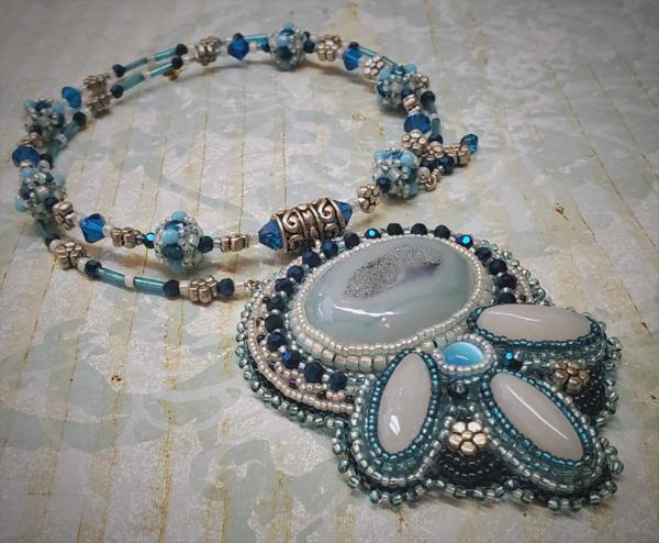 Icy Blue Bead Embroidery Pendant Necklace