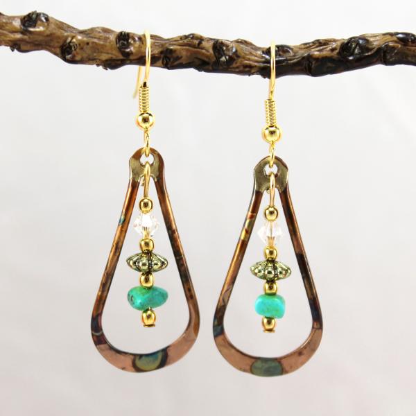Flame Painted Copper Earrings with Turquoise and Crystal