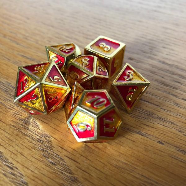 Volcano Swirl with Gold Lettering Metal Dice Set