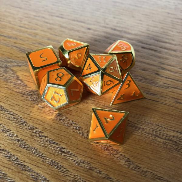 Orange with Gold Lettering Metal Dice Set