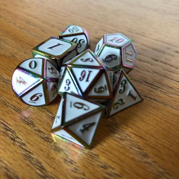 White with Rainbow Iridescent Lettering Metal Dice Set