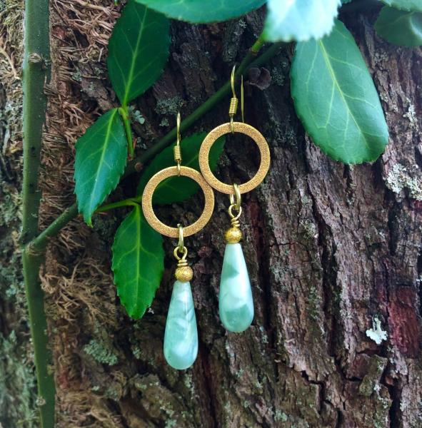 Green Moonstone Drops with Brushed Gold Rings