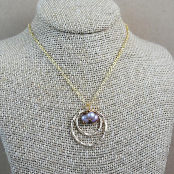 Double Ring and Pearl Pendant - gold-filled