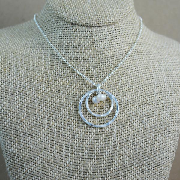 Double Ring and Pearl Pendant - Sterling Silver