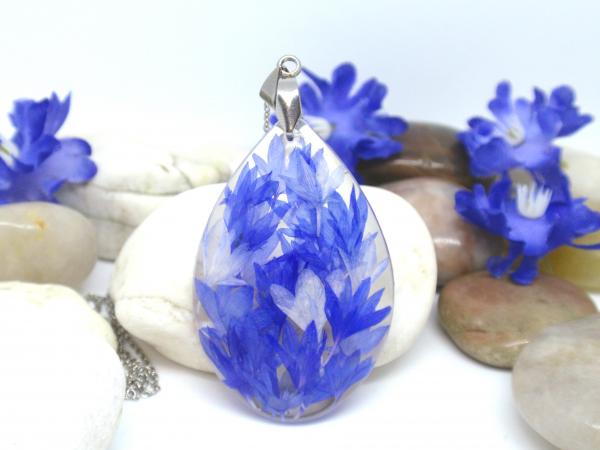Blue Cornflower petals in teardrop resin necklace picture
