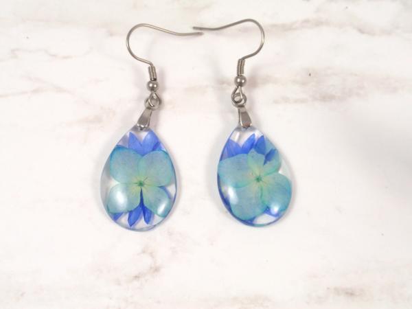 Hydrangea flower and cornflower petals blue natural earrings picture
