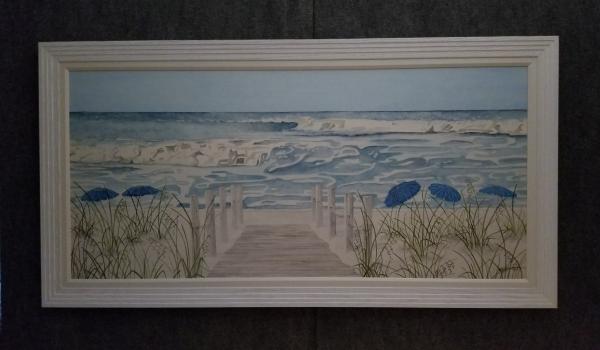 Walkway witth Blue Umbrellas, lg. canvas framed picture