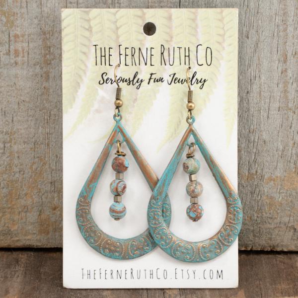 Patina large teardrop earrings with beads picture