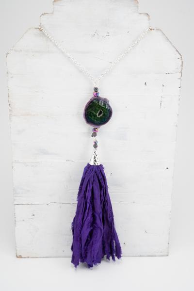 Purple agate slice necklace with tassel picture