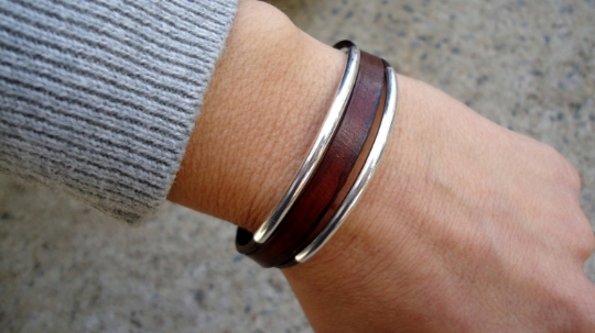 Leather bracelet,Solid  Sterling Silver Tubes bracelet / Leather Cuff picture
