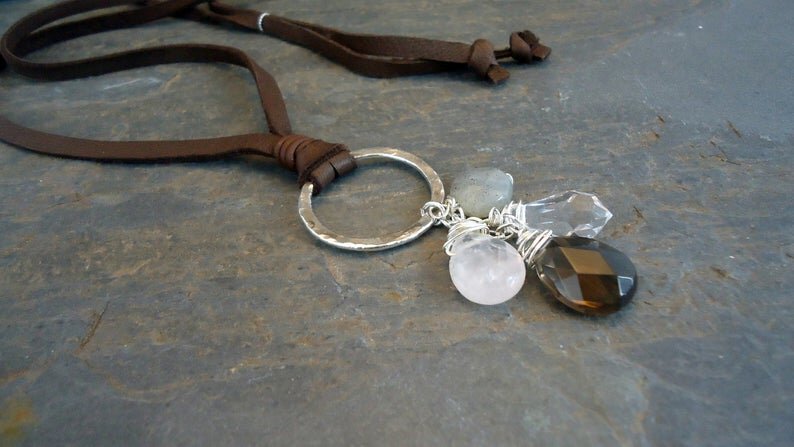 Sterling Silver/leather and semiprecious stones necklace picture
