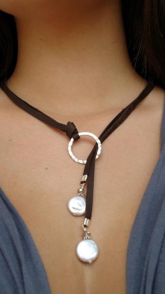 Leather and Sterling silver Necklace, Leather and coin pearls leather lariat, Classic chic picture