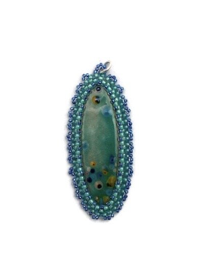 Bead embroidered oval enamel pendant picture