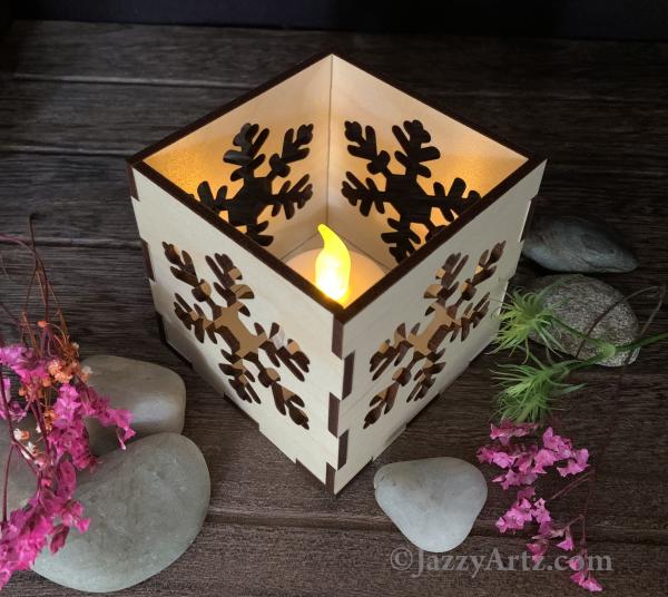 Snowflake LED Maple Wood Tea Light Candle Holder picture