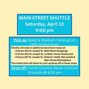 Saturday, April 13 - 4:00pm shuttle from stadium PARKING to FESTIVAL cover picture