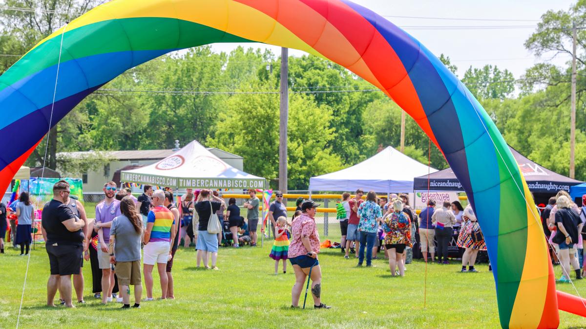 Photo of Mount Pleasant Pride Festival rainbow arch and landscape of crowd of participants around sales booths.