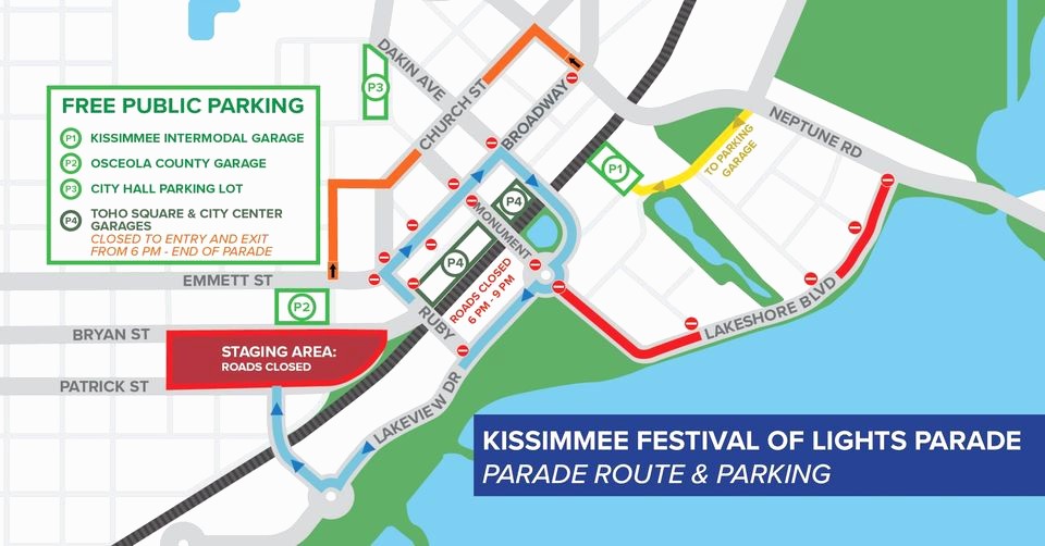 The parade route is in light blue. Please expect heavy traffic delays beginning at 4PM until 9PM.