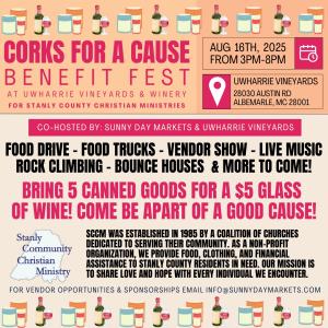 Corks for a Cause Festival at Uwharrie Vineyards Aug 16th