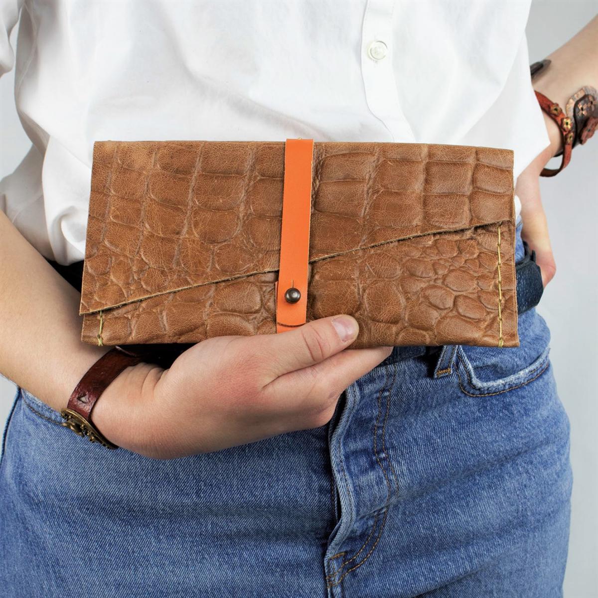 A completed sample of the "Make Me Mine" Leather Clutch