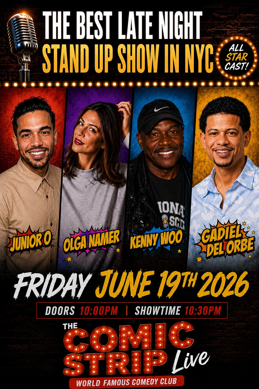 June 19th Comedy Show w/ JUNIOR O, OLGA NAMER, KENNY WOO, GADIEL DEL ORBE