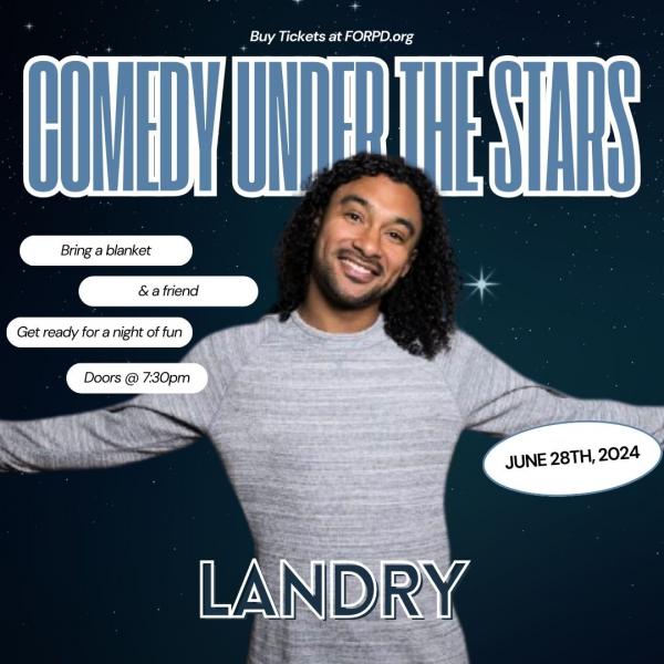 Flyer for June28th performance, features photo of comedian Landry