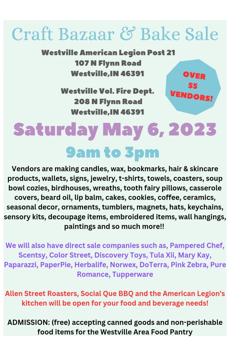 Craft Bazaar & Bake Sale  at the Westville American Legion Post 21