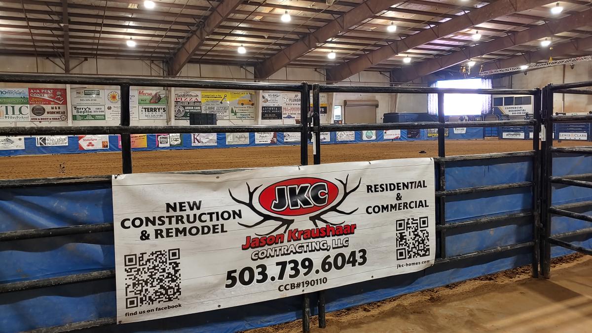 2024 Clash of the Cowboys Bulls & Broncs. Presenting sponsor banner: Jason Kraushaar Contracting, LLC