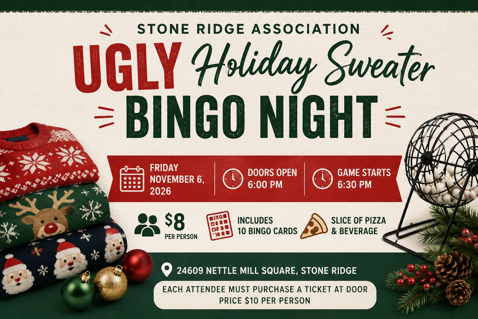 Stone Ridge: Friday Bingo Night - Stone Ridge - Friday Bingo Night - Ugly Holiday Sweater