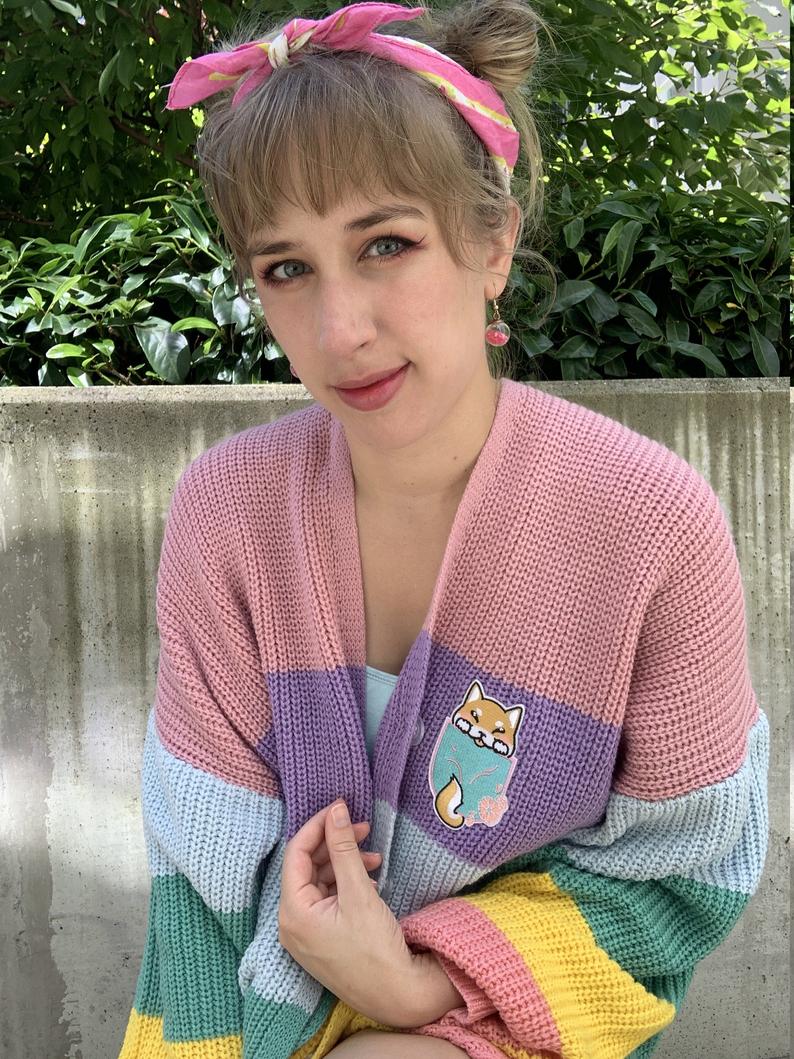 Oversized Shiba Inu Rainbow Knit Cardigan picture