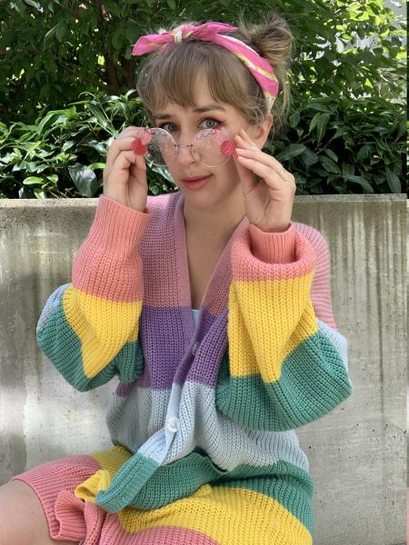 Oversized Shiba Inu Rainbow Knit Cardigan