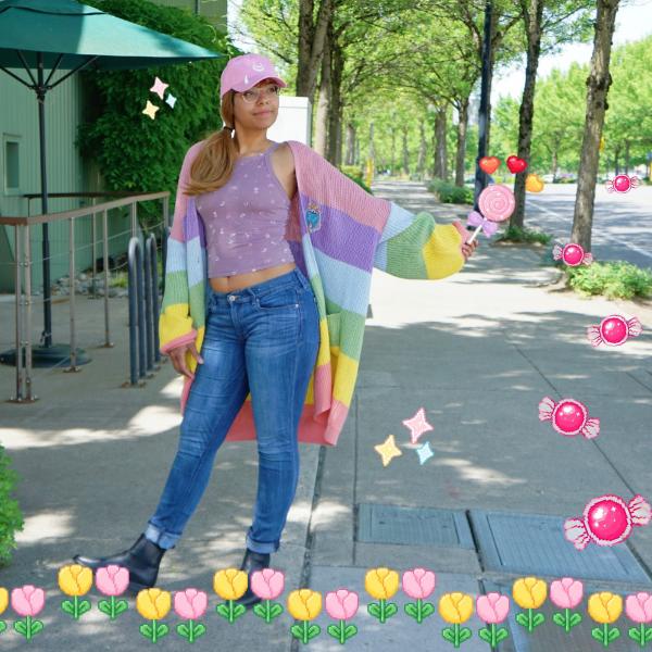 Oversized Shiba Inu Rainbow Knit Cardigan picture