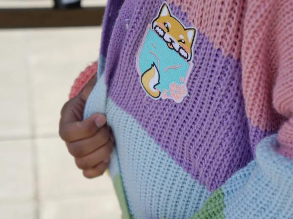 Oversized Shiba Inu Rainbow Knit Cardigan picture