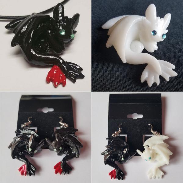Toothless and Light Fury Necklace, Magnet, and Earrings