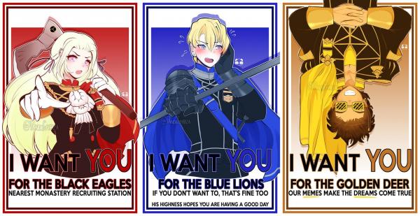 I WANT YOU! Recruitment Posters: FE3H Fire Emblem Three Houses 11 x 17 Posters Black Eagles, Blue Lions, Golden Deer picture