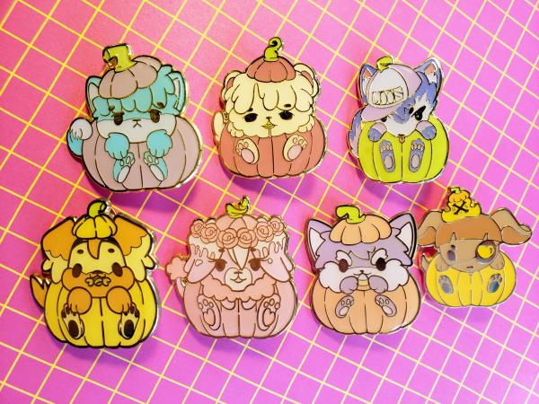 BTS Halloween Cute Pumpkin Puppies (Set of all 7) Gold Soft 1.75 inches Enamel Pin Badge Bangtan 방탄소년단 Kpop Dynamite picture