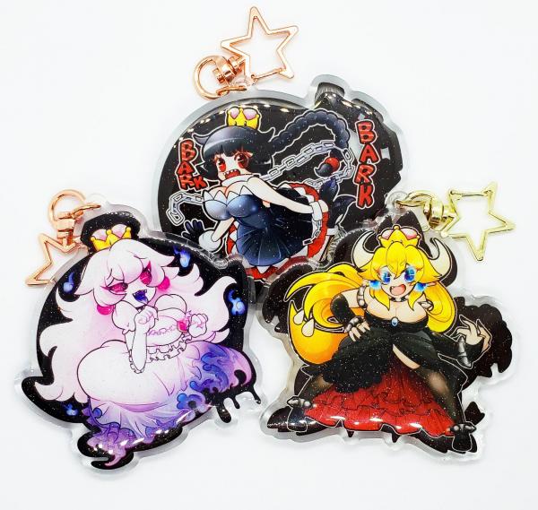 Nintendo Super Mario Bros. Double-Sided 3" Glitter Acrylic Keychain Mushroom Crown ALT. Bowsette, Chompette, and Boosette