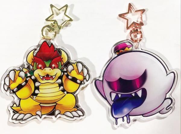 Nintendo Super Mario Bros. Double-Sided 3" Glitter Acrylic Keychain Mushroom Crown ALT. Bowsette, Chompette, and Boosette picture
