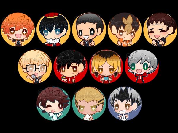 Haikyuu!! 1.25" Pinback buttons SET of 12 Hinata, Kageyama, Oikawa, Kuroo, Kenma, Tsukki, Bokuto